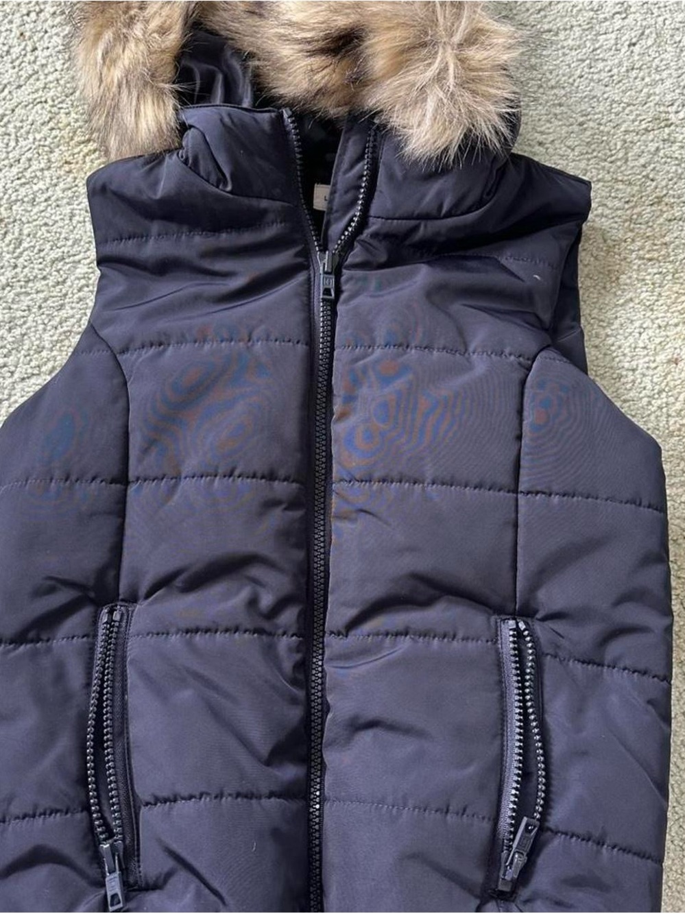 Navy Blue Puffer Vest with Faux Fur Hood